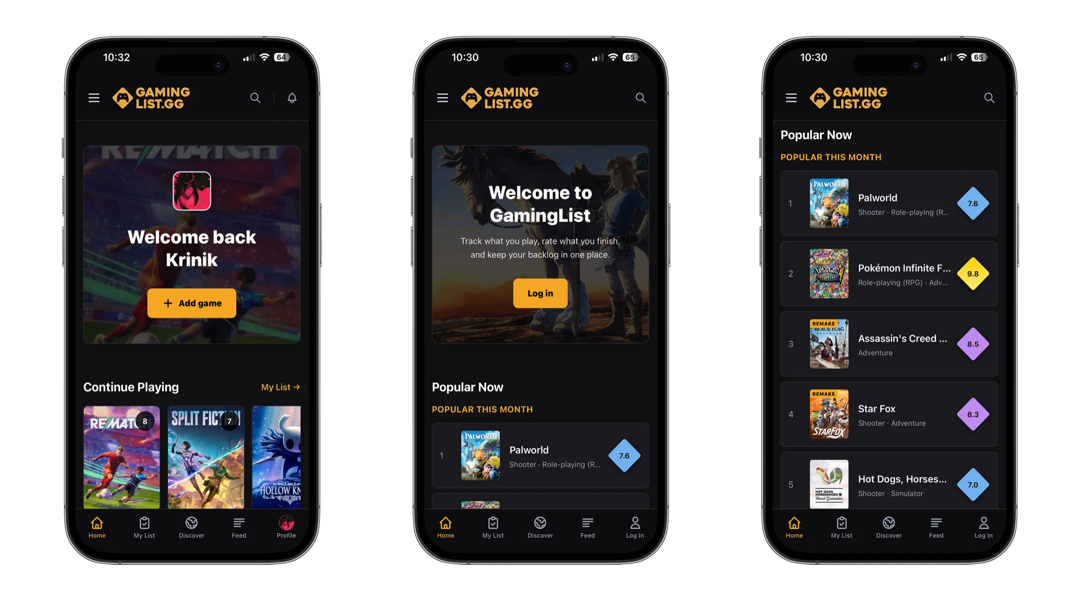 Three iPhone screens showing the GamingList home page and popular games