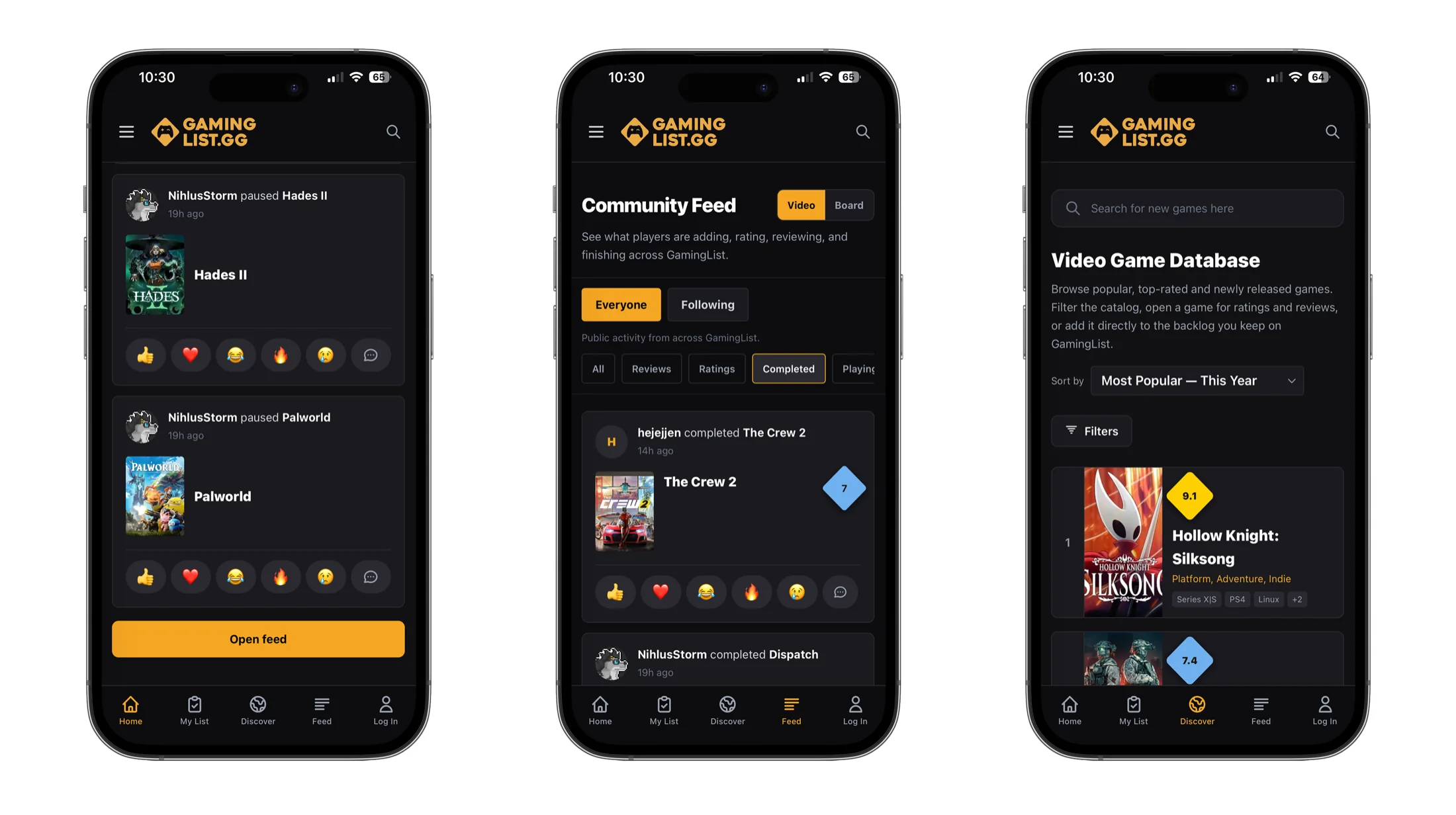 GamingList game tracker app community feed and game discovery screens