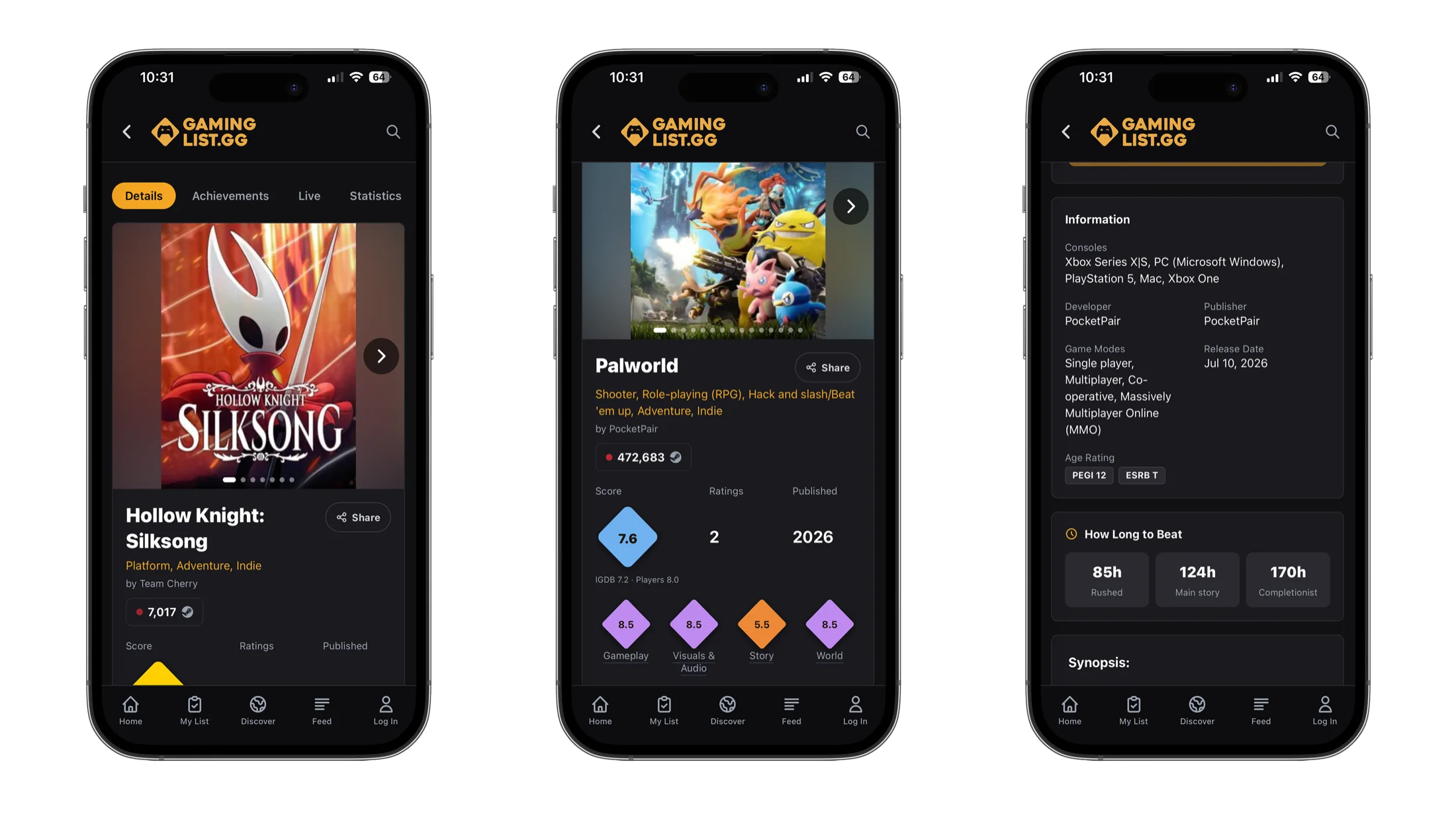 Game detail pages in the GamingList iPhone app with ratings, release information and play time