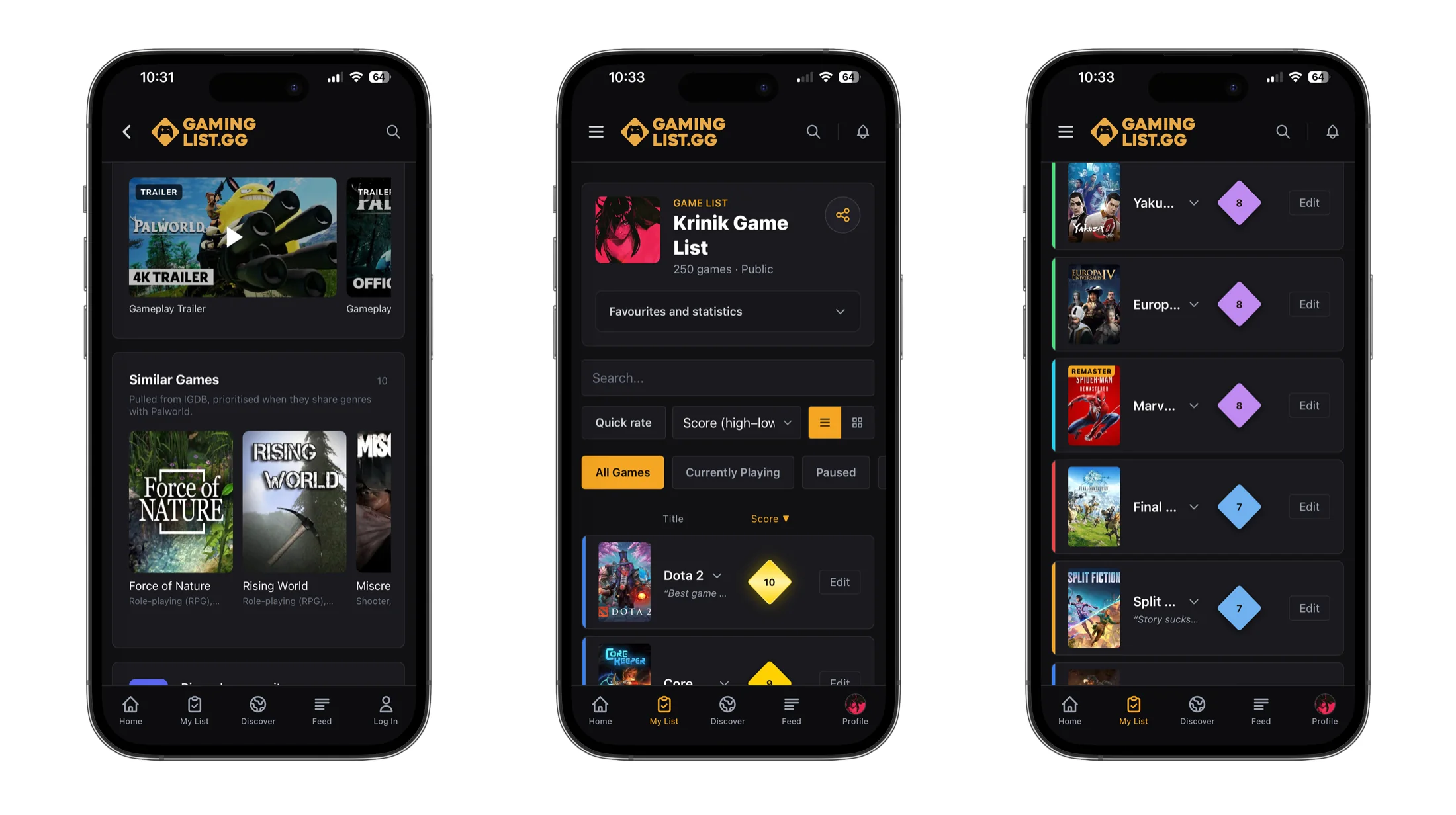 GamingList iPhone screens showing a personal game list with scores and statuses